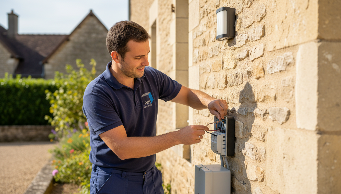 électricien IMR électricité qui installe un luminaire extérieur de portail